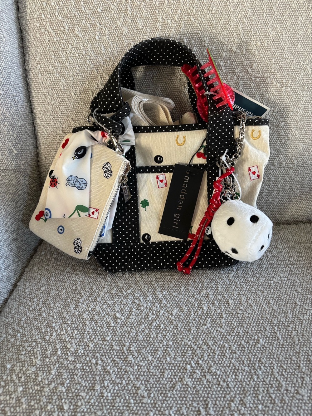 Madden Girl Black Polka Dot & Cream Kids Mini Tote with Dice Charm